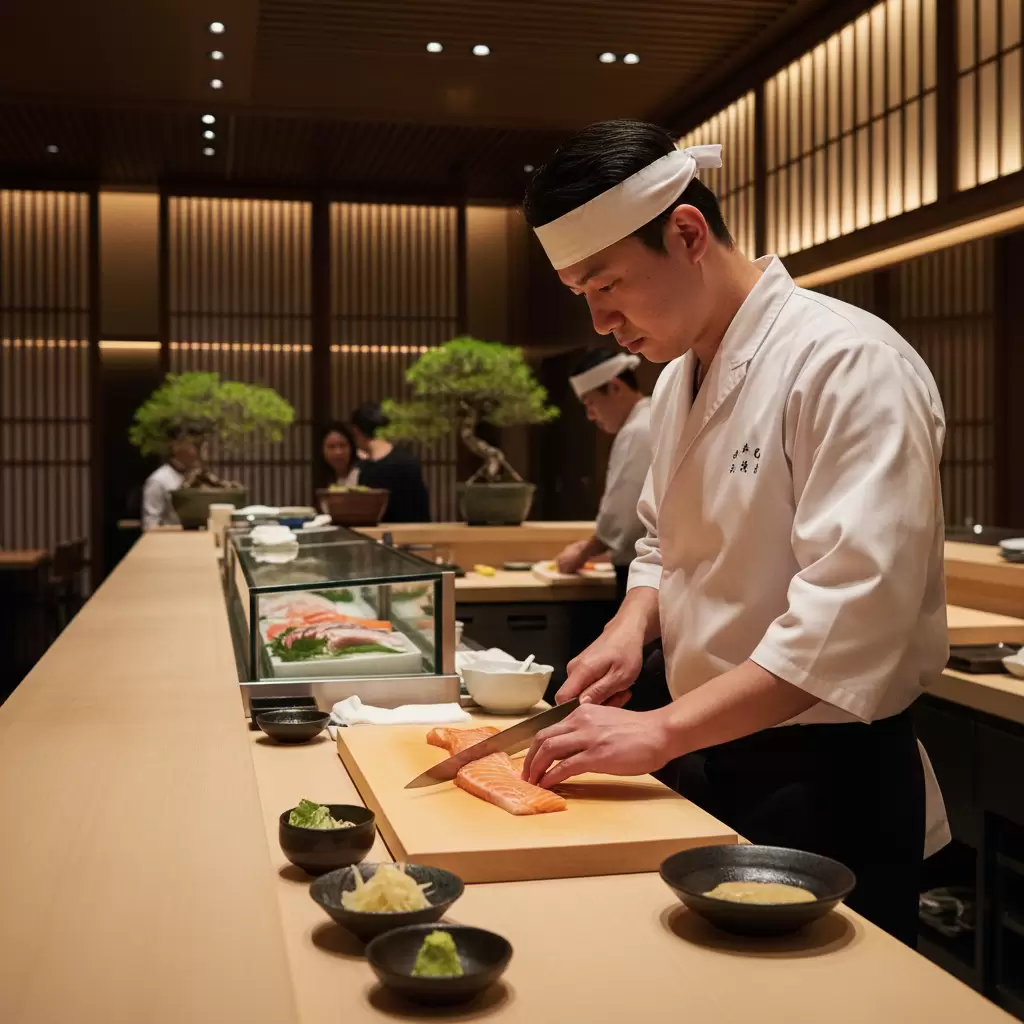 Quy trình chế biến sashimi chuyên nghiệp đòi hỏi kỹ năng cao và sự tập trung tuyệt đối của đầu bếp