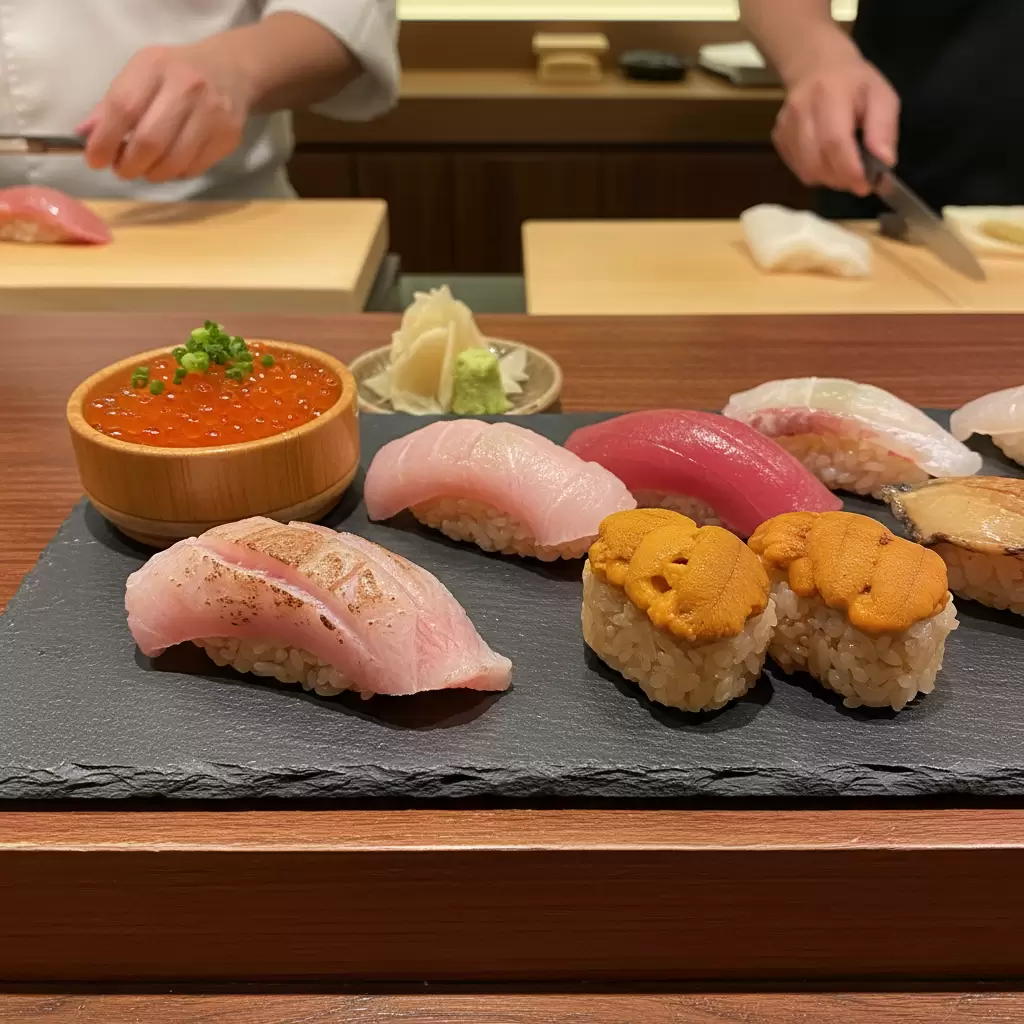 Set Omakase tập trung vào các loại hải sản quý hiếm được đầu bếp lựa chọn kỹ lưỡng