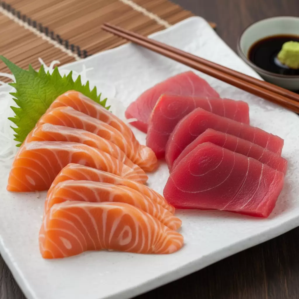 Sashimi là những lát hải sản tươi sống được cắt tỉa tinh tế không kèm cơm