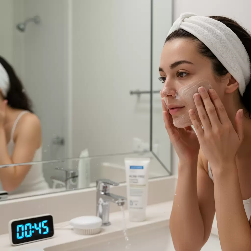 Massage nhẹ nhàng trong 60 giây giúp các hoạt chất trị mụn phát huy tối đa hiệu quả