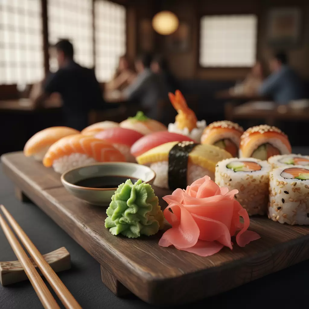 Wasabi tươi và Gừng hồng Gari là hai yếu tố không thể thiếu để cân bằng hương vị Sushi