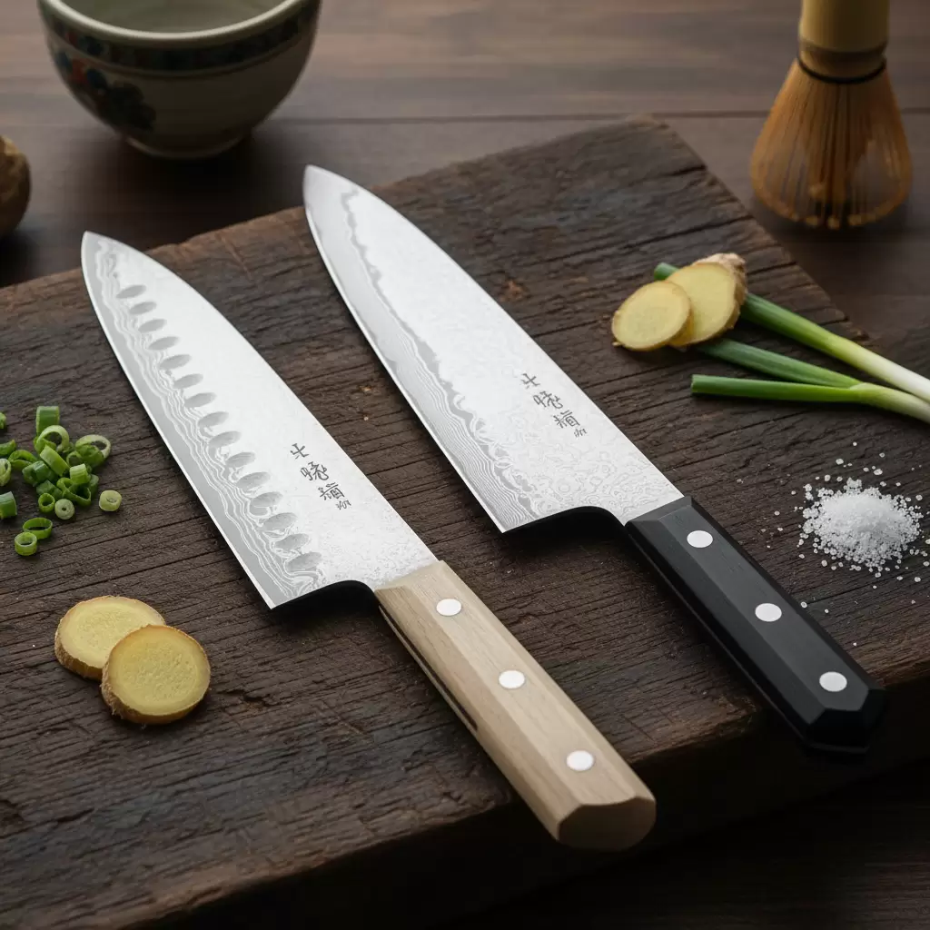 Dao Santoku đa năng và Gyuto dao đầu bếp là hai dụng cụ không thể thiếu trong bếp
