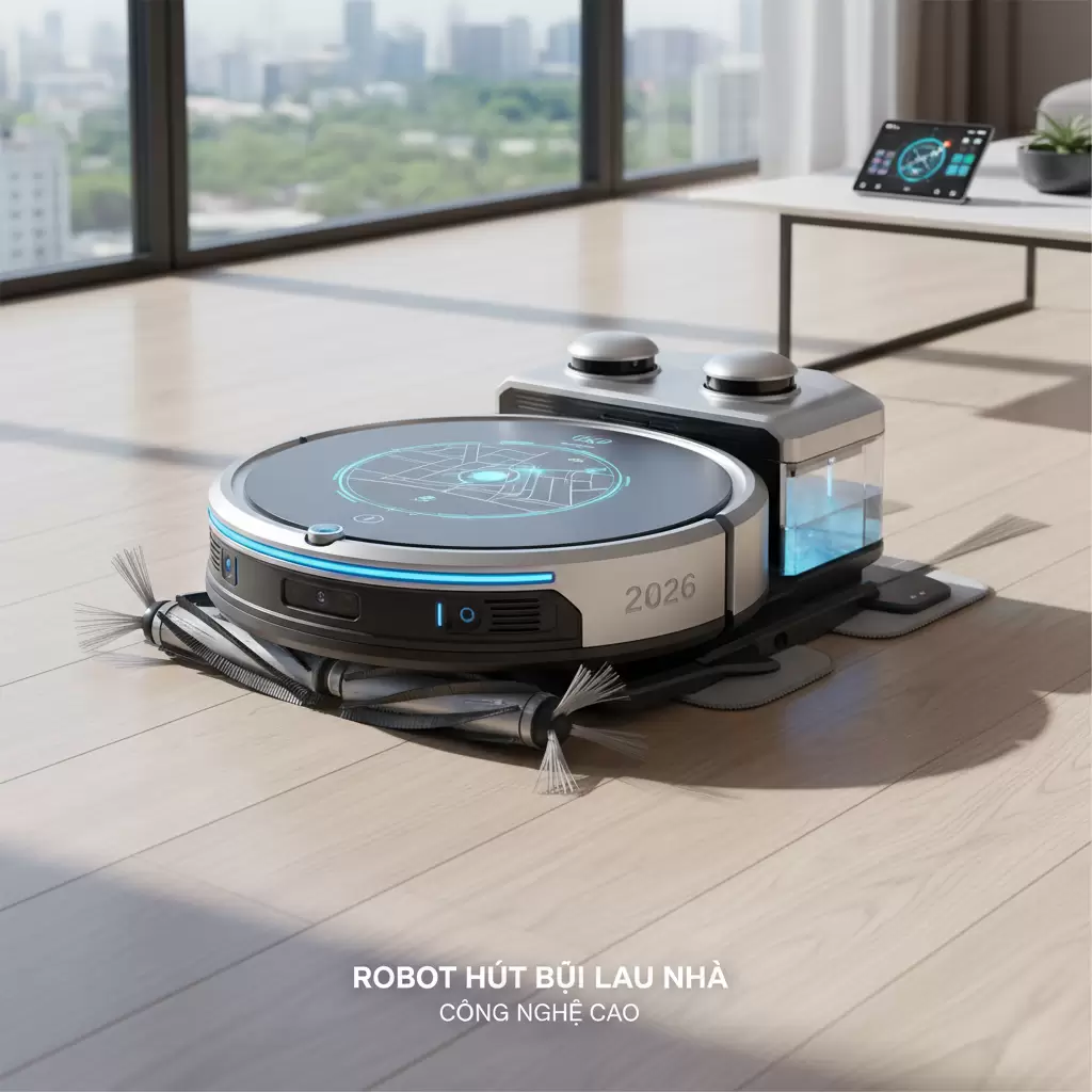 Robot hút bụi lau nhà thế hệ mới với trạm sạc tự động và công nghệ AI tiên tiến