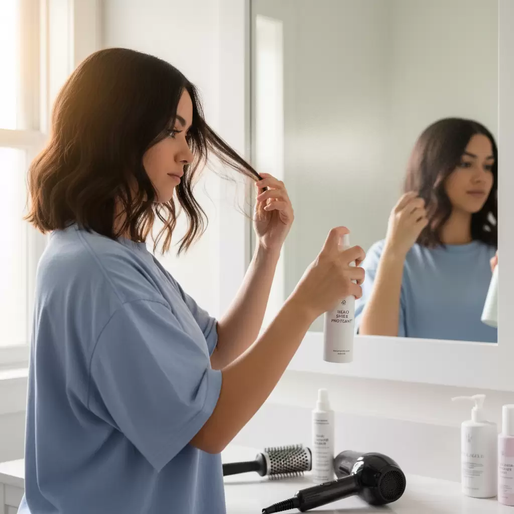 Luôn sử dụng xịt bảo vệ nhiệt để giảm thiểu tác động tiêu cực của nhiệt độ cao lên tóc hư tổn