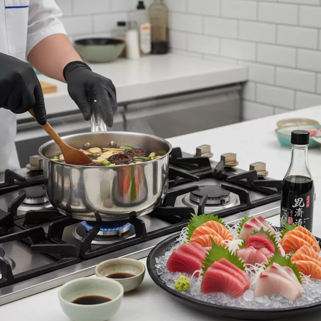 Quy trình nấu sôi nhẹ hỗn hợp nước tương và Mirin để khử cồn honnekiri