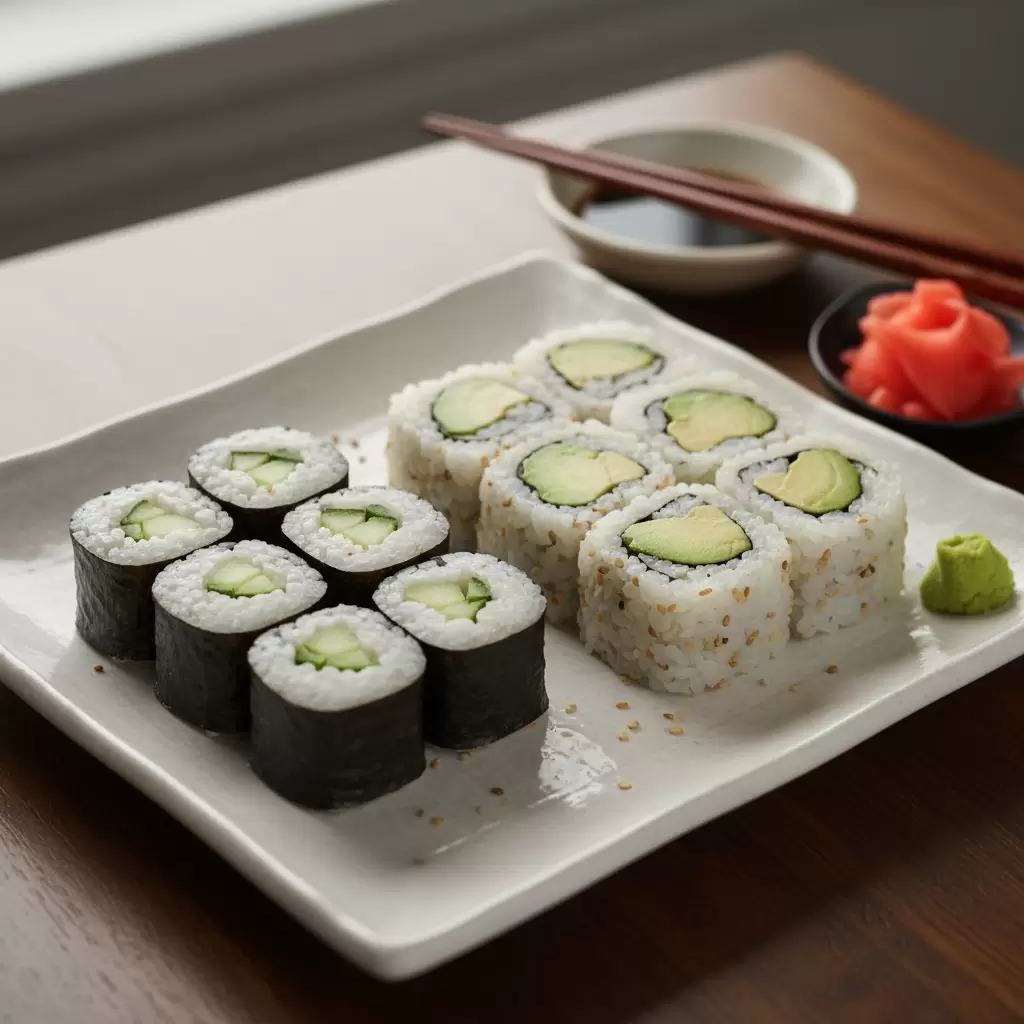 Kappa Maki cuộn dưa chuột và Avocado Roll là các loại sushi chay cơ bản giàu chất xơ rất phù hợp cho người ăn kiêng
