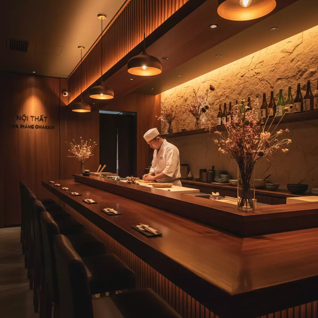 Không gian Omakase cao cấp mang lại sự riêng tư và trải nghiệm tương tác độc đáo với đầu bếp