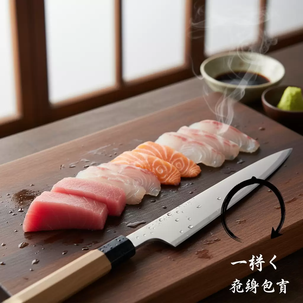 Dao Yanagiba là công cụ thiết yếu để thực hiện nguyên tắc Ichibiki đảm bảo lát cắt Sashimi hoàn hảo