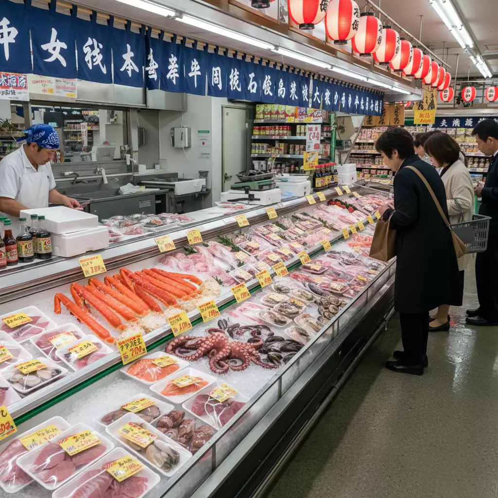 Khu vực hải sản tại các siêu thị lớn đảm bảo nguồn cung cấp cá hồi cá ngừ chất lượng cao