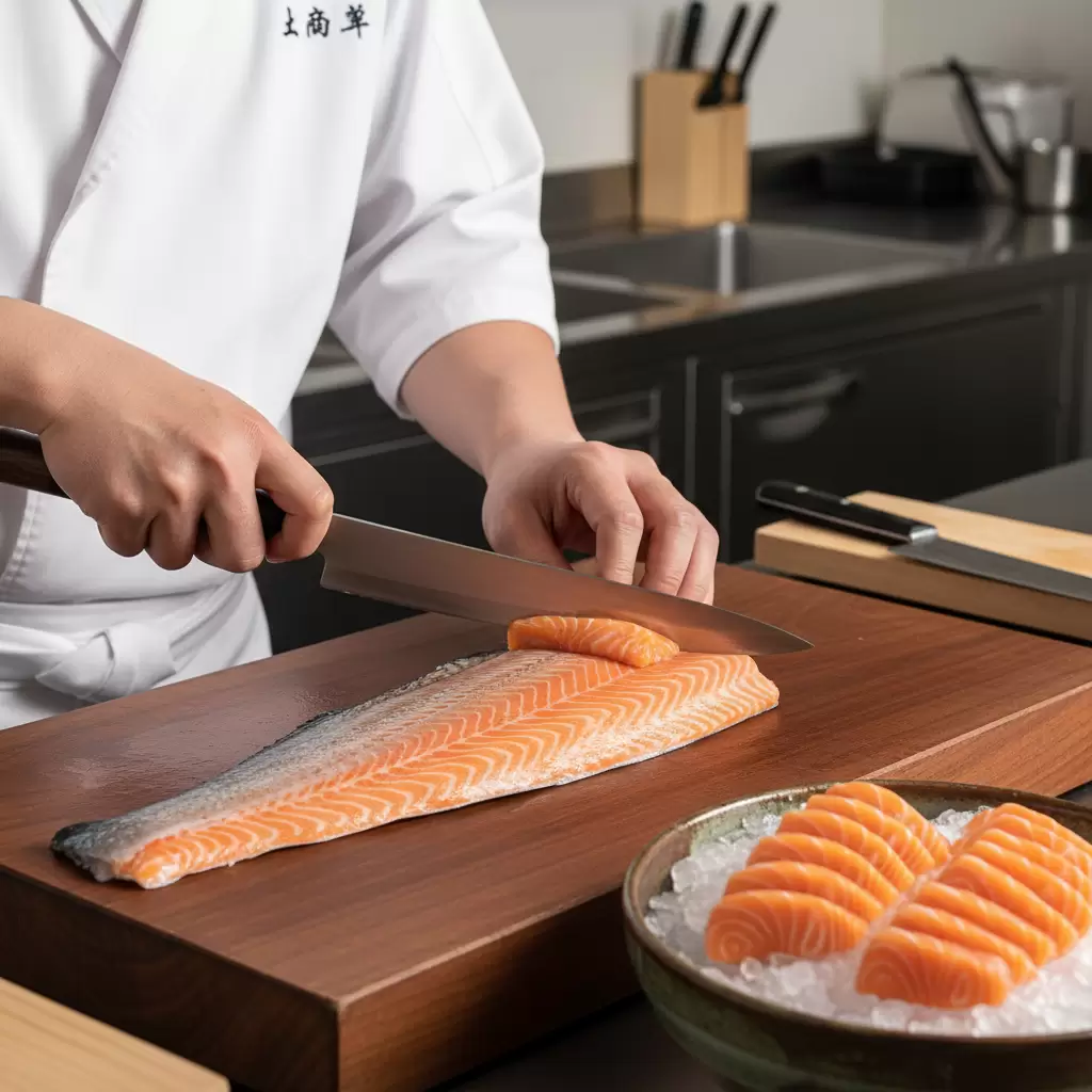 Kỹ thuật cắt lát chính xác giúp Sashimi giữ được độ tươi và kết cấu hoàn hảo
