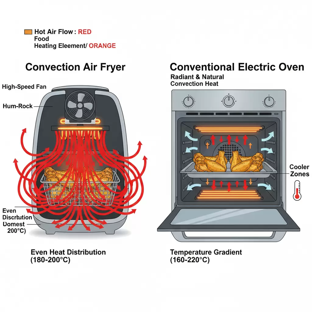 Sự khác biệt về cơ chế nhiệt quyết định hiệu suất nấu nướng của hai thiết bị đặc biệt là tốc độ làm chín