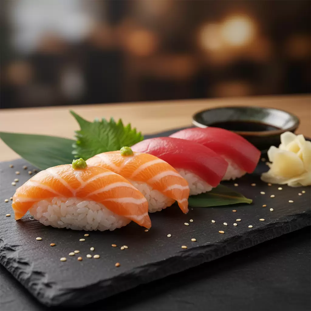 Nigiri là hình thức sushi cổ điển nơi miếng hải sản tươi ngon được đặt trên nắm cơm giấm nhỏ đòi hỏi kỹ thuật cao của người đầu bếp